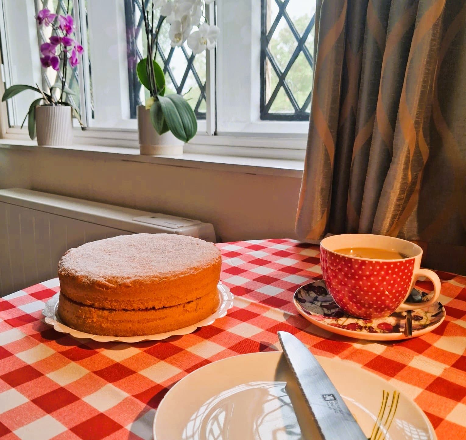 Homemade dairy-free Victoria sponge with raspberry jam, beside a cup of tea at Farmhouse Cakes in Seaford